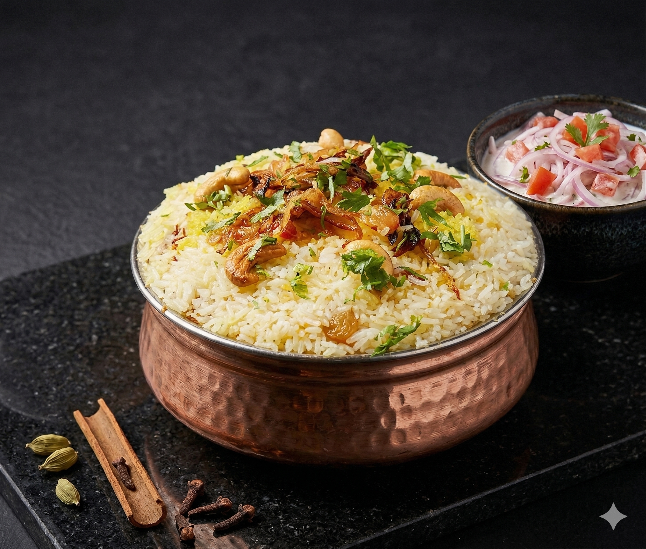 Malabar Chicken Biryani in a copper handi, garnished with fried onions, cashews and coriander